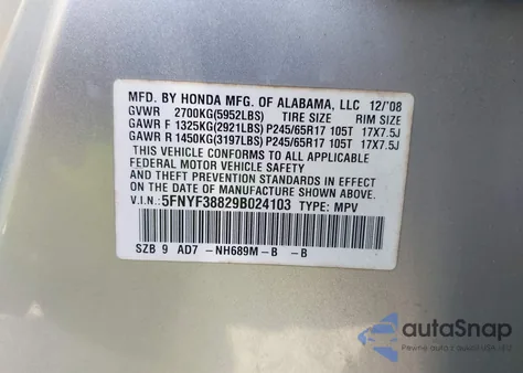 2009 Honda Pilot Touring from USA, damaged, VIN 5FNYF38829B024103
